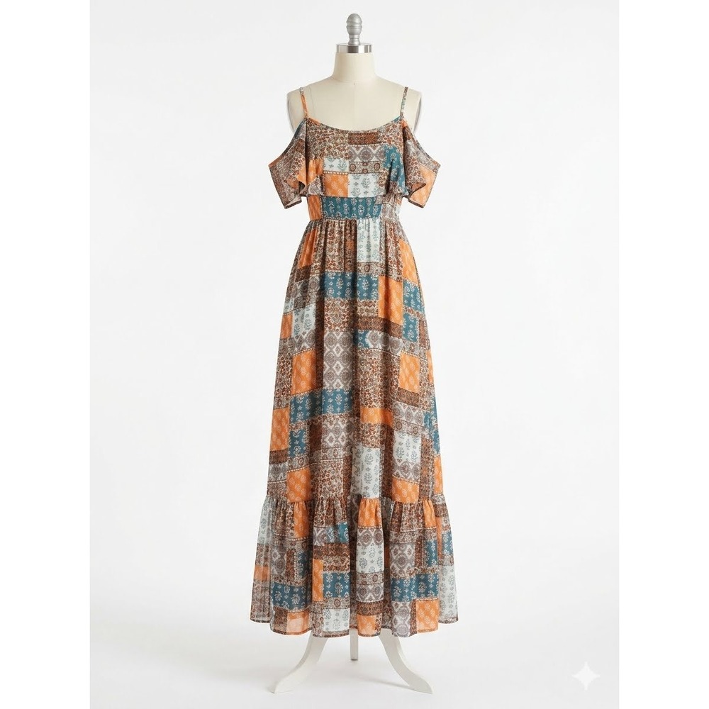 New Look Patchwork Cold Shoulder Maxi Dress Orange Blue Boho Tiered Hem Large